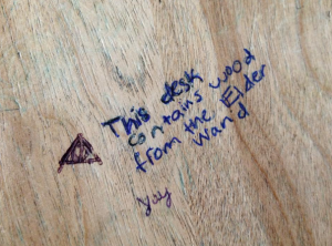 Found on a desk of the second floor of Hill Hall (courtesy of Annie Brown).