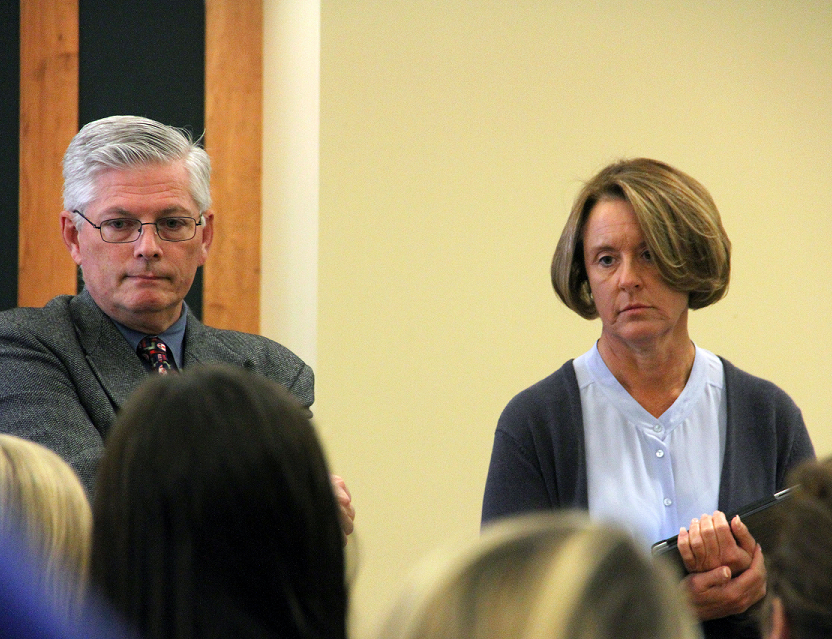 Director of Campus Safety, Mike Webster, and Vice President Beth Gerl listen patiently to students with questions at the Campus 411