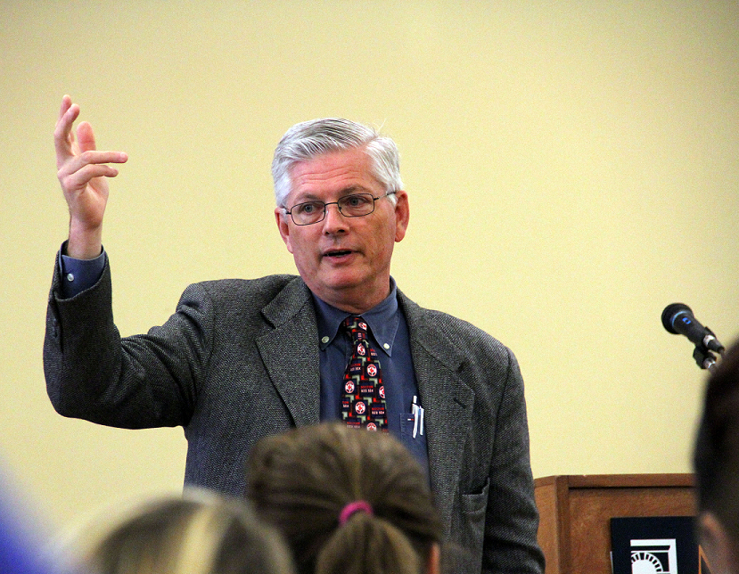 Mike Webster, Director of Campus Safety, instructs students on appropriate protocol during an assault by an active shooter.