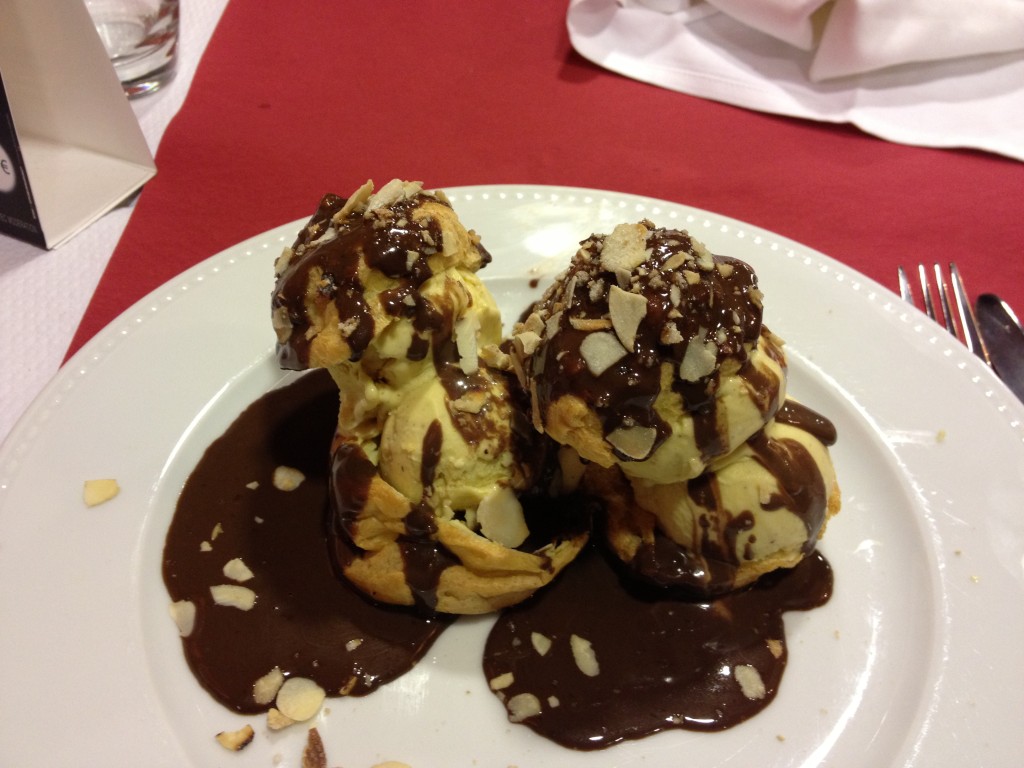 Profiteroles, essentially a chocolate eclair but with ice cream and one of my favorite desserts throughout the trip