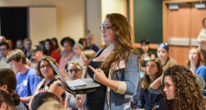 Ally Yuscavage participates in the Global Fellows Colloquium. Photo by Kyle Parks. 