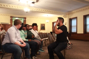 Joe Hernandez-Kolski interacting with McDaniel students prior to the performance. Photo by Jimmy Calderon