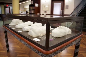 Display cabinet exhibiting the death masks. Photo by Jimmy Calderon