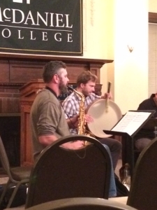 Mike Kuhl on percussion and Christ Pumphrey on alto saxophone. Photo by Emma Carter.