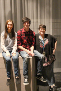 Assistant Director Chloe Boudreau, Stage Manager Lucas Chanaud posing with Mrs. Vincent. Photo by MacKenzie Farley