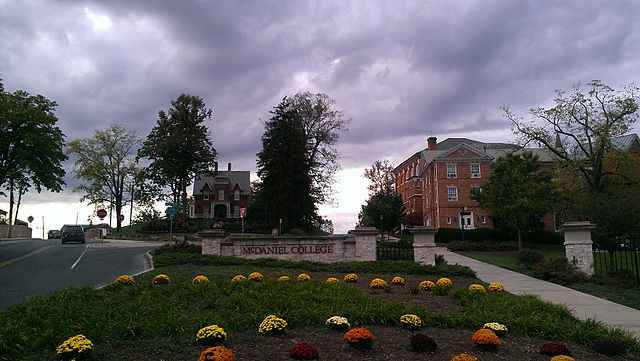 McDaniel College welcome sign in Westminster Maryland Historic District, 2012.
