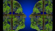 Side profile of two human faces filled with green computer components and technologies, on a blue background.