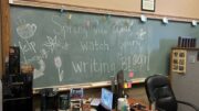 Message in colorful chalk inviting students to visit the Writing Center during April